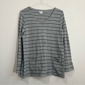 J. Jill Striped Tunic Top Gray V Neck Thick Cotton Knit Front Pockets Size M